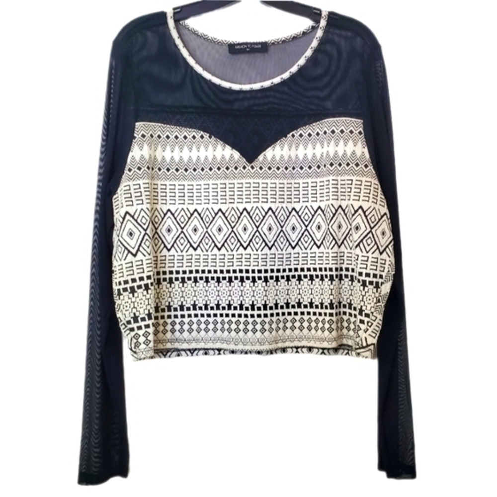 Fashion to Figure Womens Black Mesh Yoke Crop Top Geometric Print 3X LDT14483X